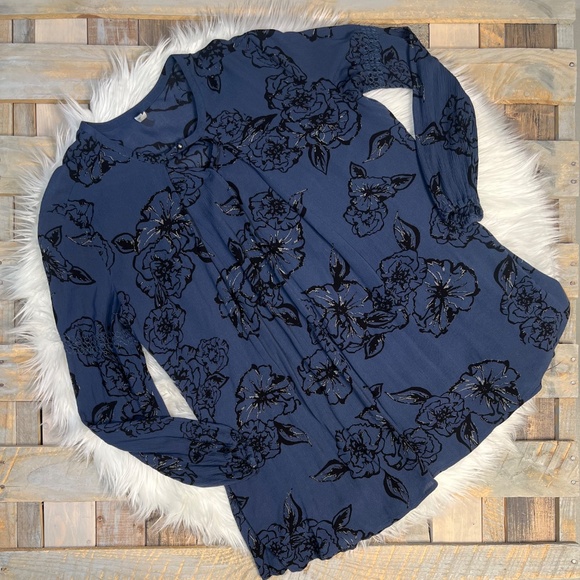 Like New ✵☽Free People☾✵ Navy Blue + Black Floral Swing Tunic Mini Dress | Small - Picture 4 of 14